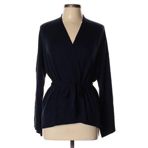 Navy blue LOFT wrap sweater with wide sleeves